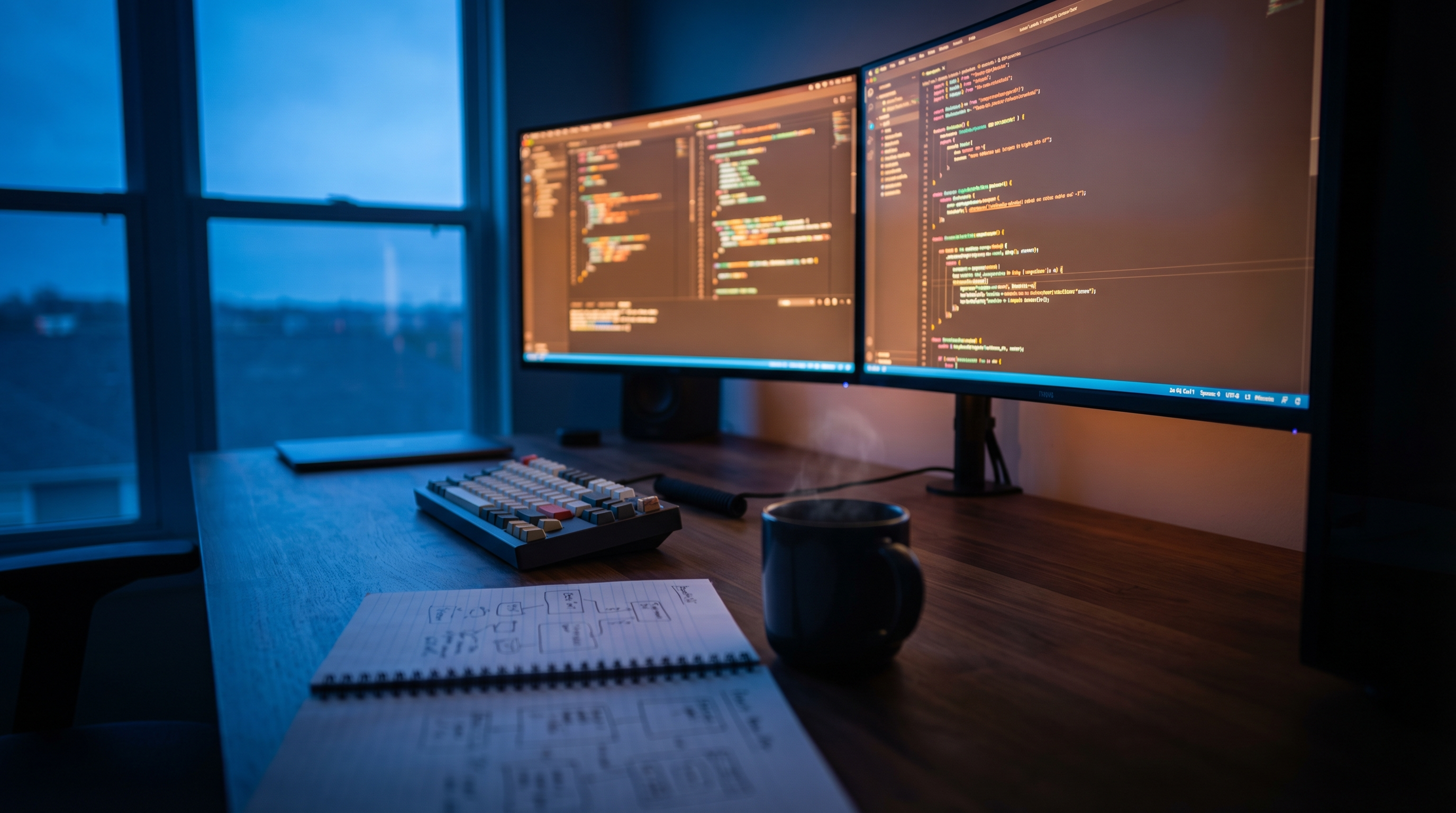 Web development workspace with ultrawide monitors showing code editor at blue-hour dusk